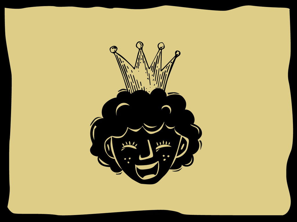 Ilustração de cor preta, em fundo amarelo, de um homem sorridente com uma coroa sobre a cabeça.