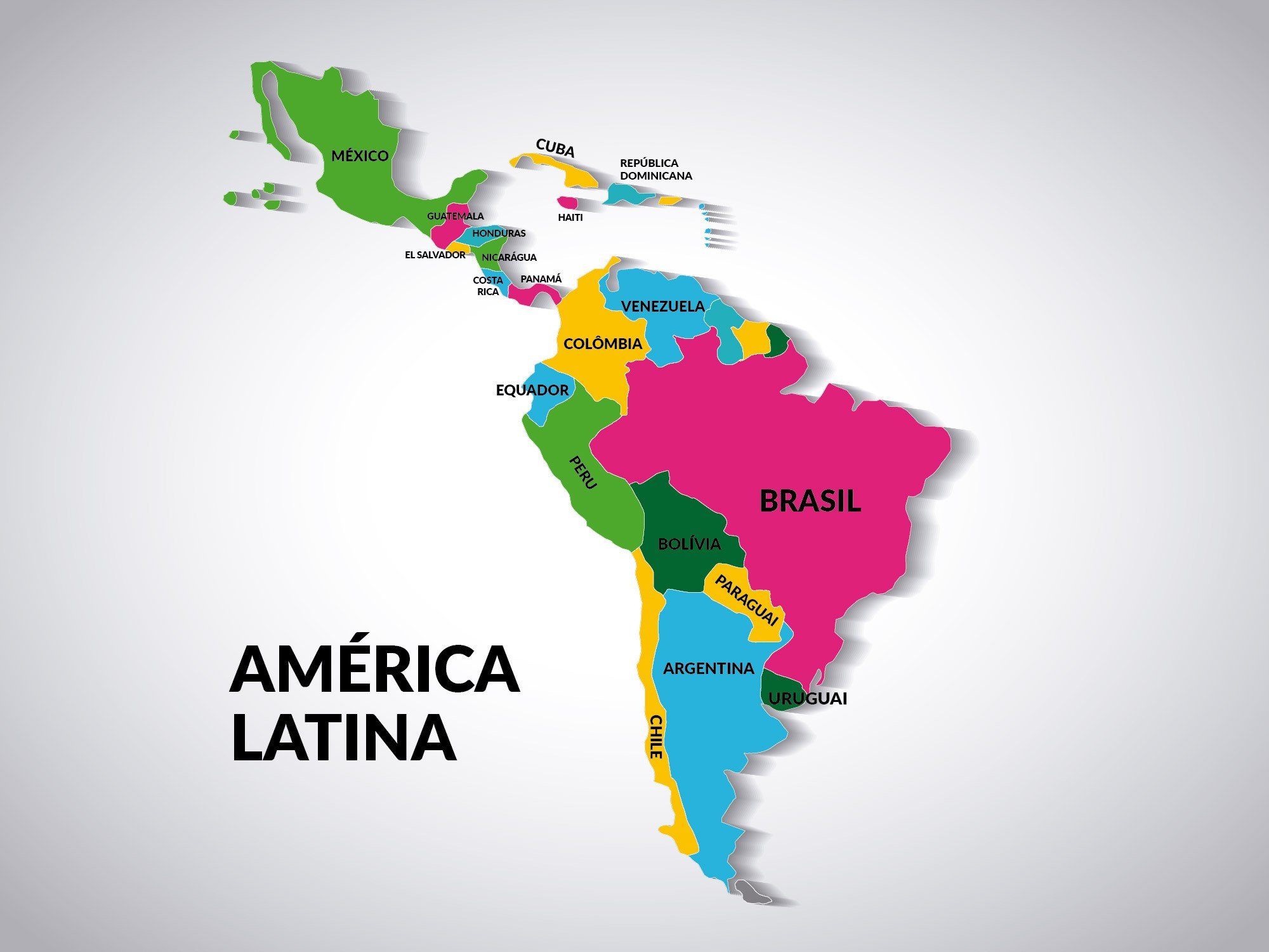 Mapa político da América Latina com os países ilustrados em cores distintas.