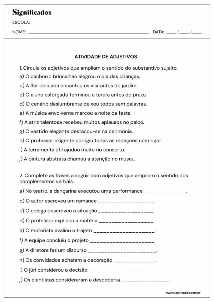atividade de adjetivos 7 ano