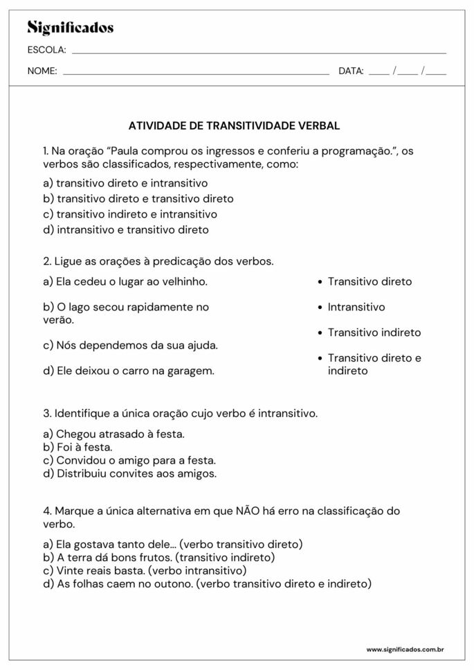 atividade de transitividade verbal 7 ano