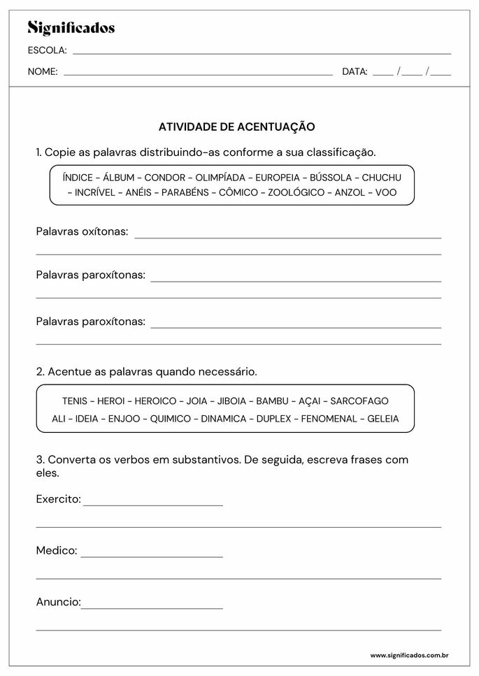 atividade sobre acentuação para 6º ano