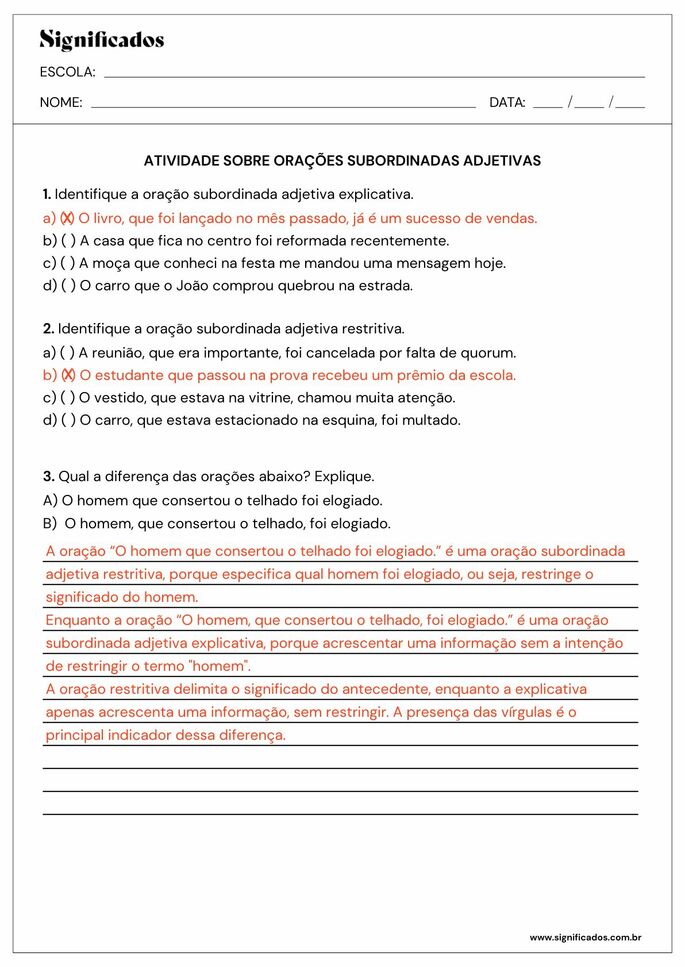 atividade sobre orações subordinadas adjetivas para 9º ano_resposta