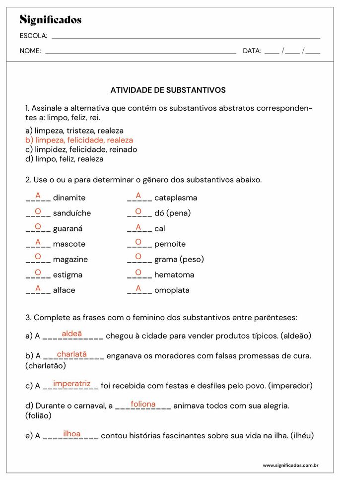 atividade sobre substantivos para 6º ano_respostas