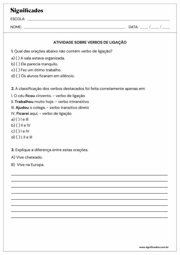 atividade sobre verbos de ligação para 9º ano