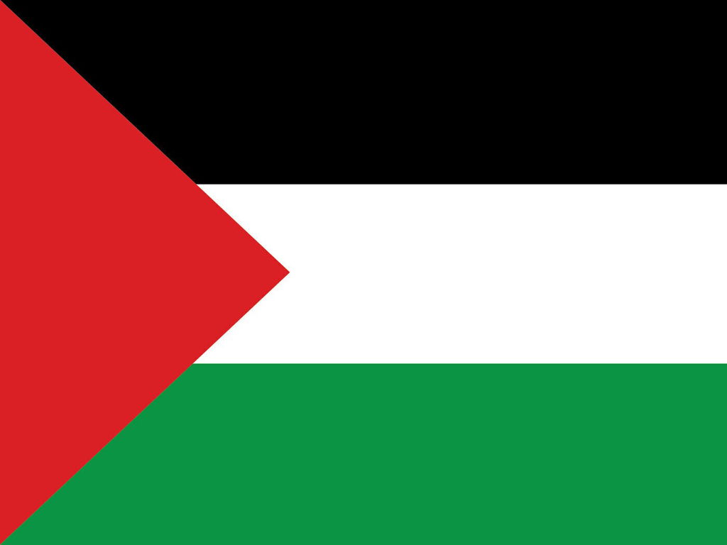 Bandeira da Palestina nas cores com listras horizontais preta, branca e verde e um triângulo lateral vermelho.
