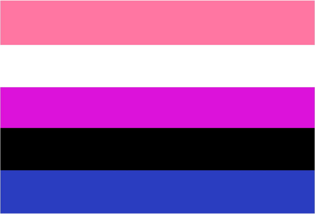 Bandeira do gênero fluido com as cores rosa, branco, lilás, preto e azul.