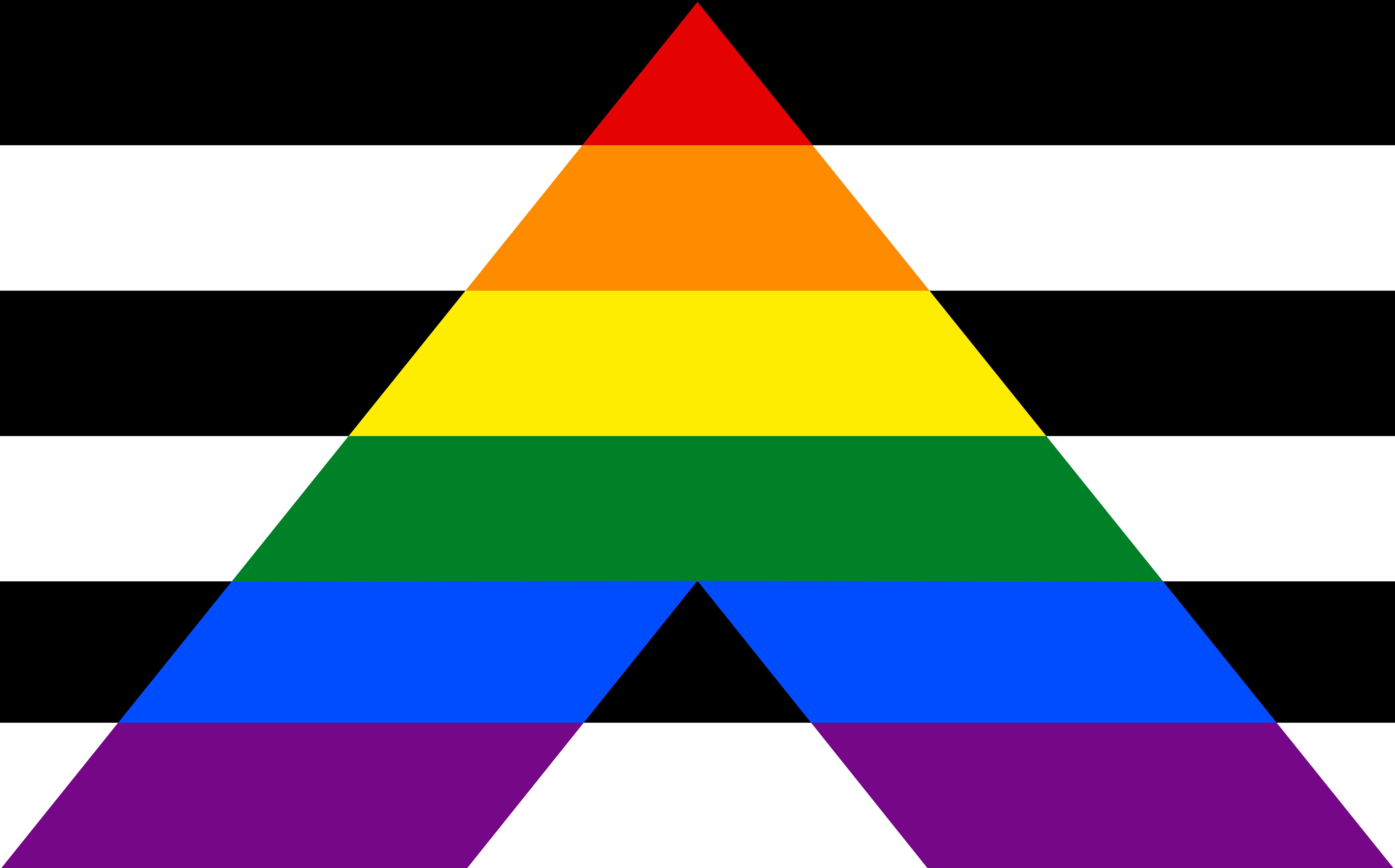 Bandeira dos aliados da causa LGBT+ com fundo em preto e branco e a parte superior de um triângulo colorido.