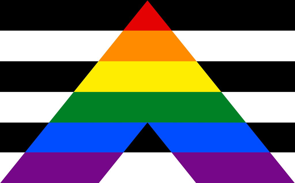 Bandeira dos aliados da causa LGBT+ com fundo em preto e branco e a parte superior de um triângulo colorido.
