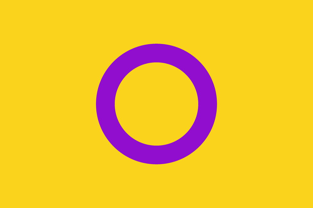 Bandeira intersexo com fundo amarelo e círculo lilás central.
