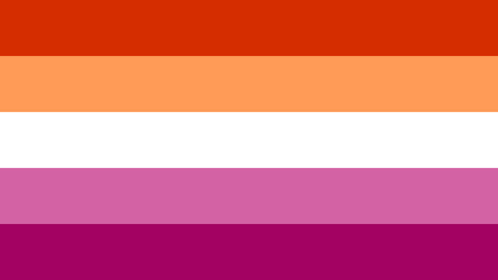 Bandeira lésbica sunsent com cinco listras do laranja ao roxo.