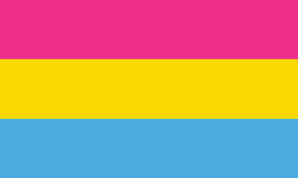 Bandeira pansexual com as cores rosa, amarela e azul.