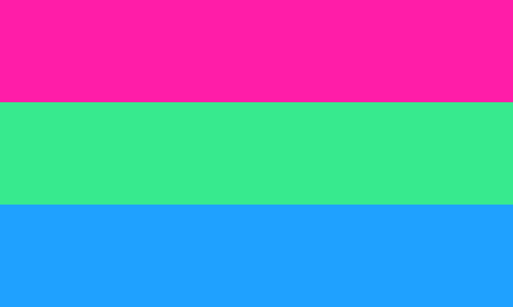Bandeira polissexual com as cores rosa, verde-água e azul.