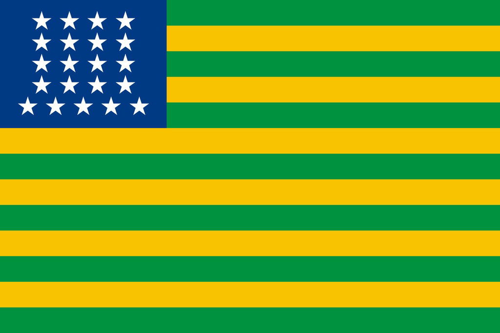 Bandeira provisória da República brasileira, com listras verde e amarelas, e um retângulo azul no canto superior esquerdo com 21 estrelas brancas.