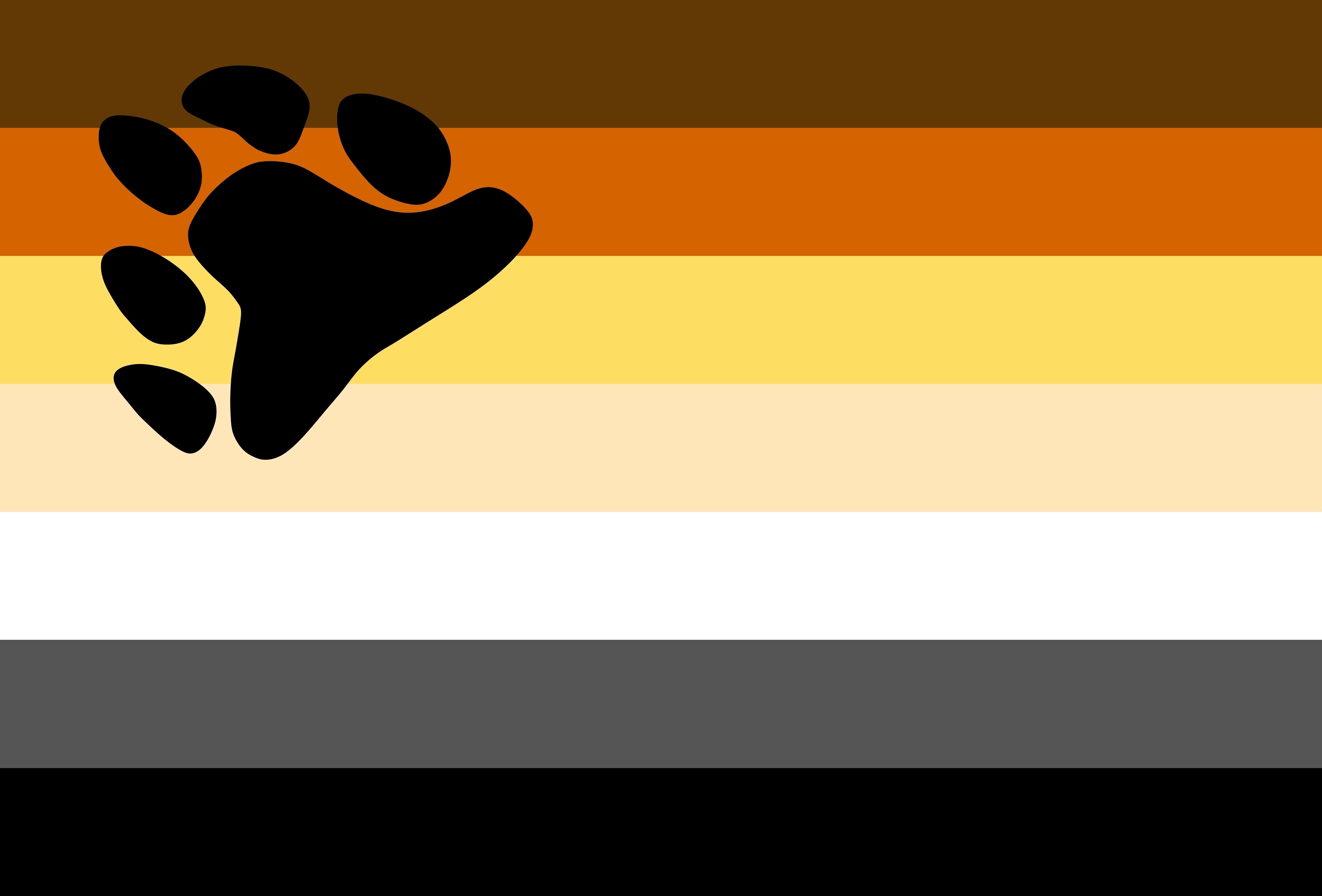 Bandeira urso em tons de marrom, amarelo, branco, cinza e preto, com a pegada de um urso.