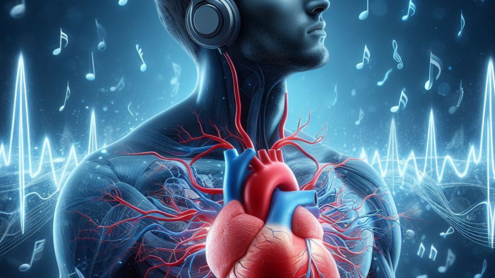 Ilustração de um coração humano sincronizado com as notas musicais.