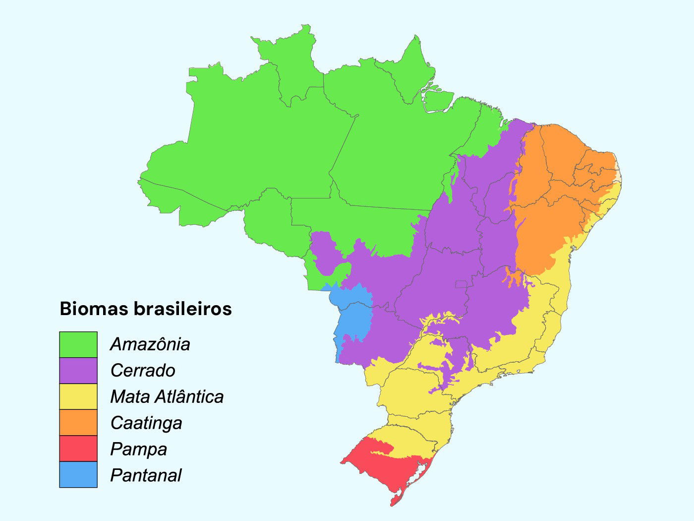 Mapa dos seis biomas brasileiros destacados em diferentes cores.