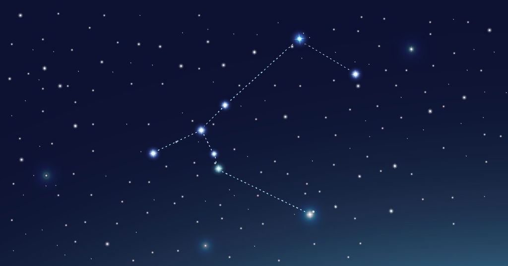 Constelação Cão Maior em fundo azul com estrelas brancas brilhantes.