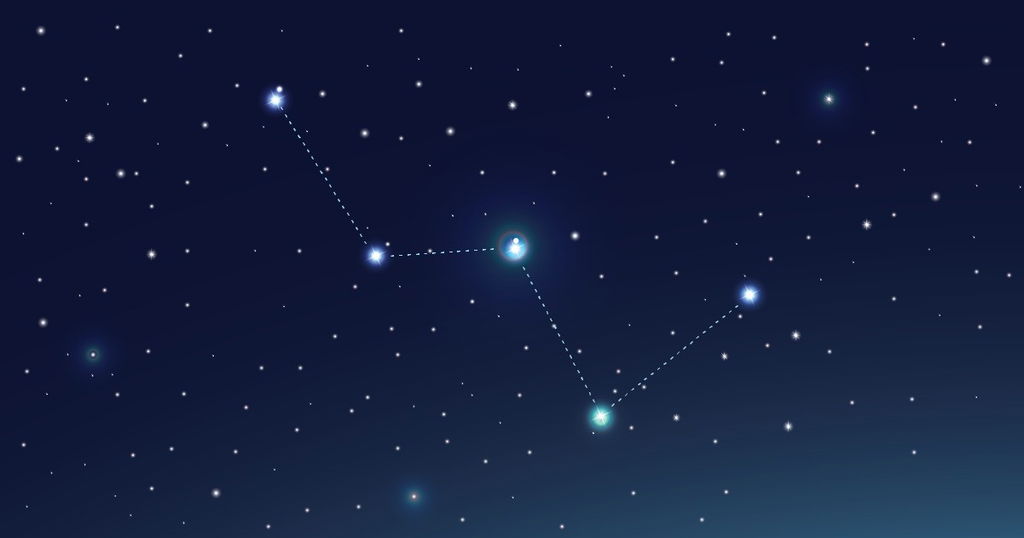 Constelação de Cassiopeia em fundo azul e com estrelas brilhantes.