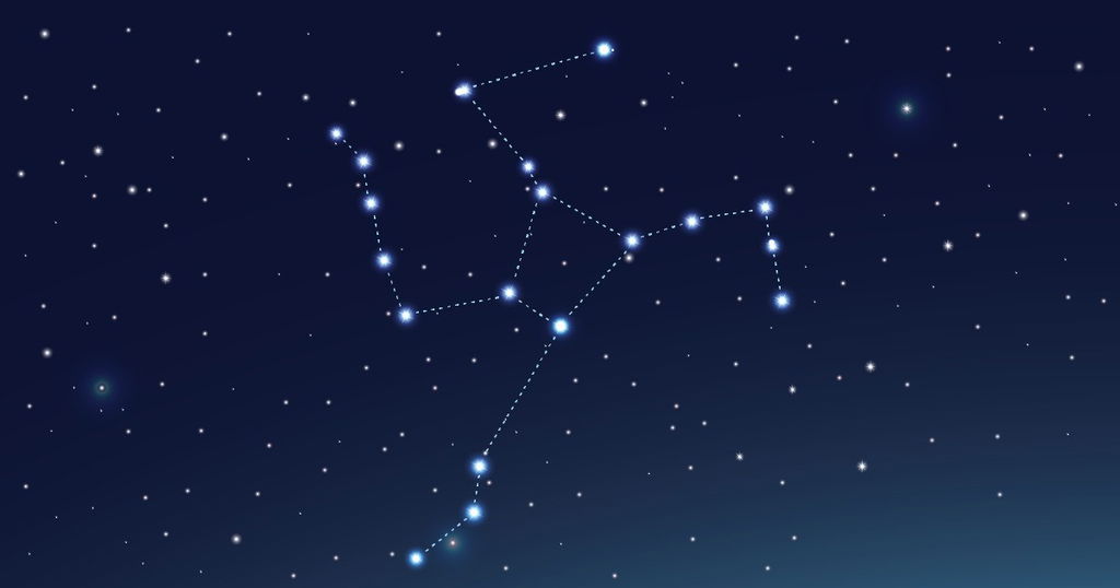 Constelação Hércules, com fundo azul escuro e estrelas brancas brilhantes.