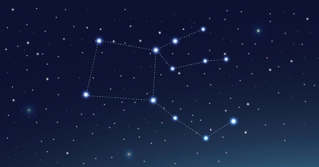 Constelação Pegasus em fundo azul escuro e estrelas brilhantes.