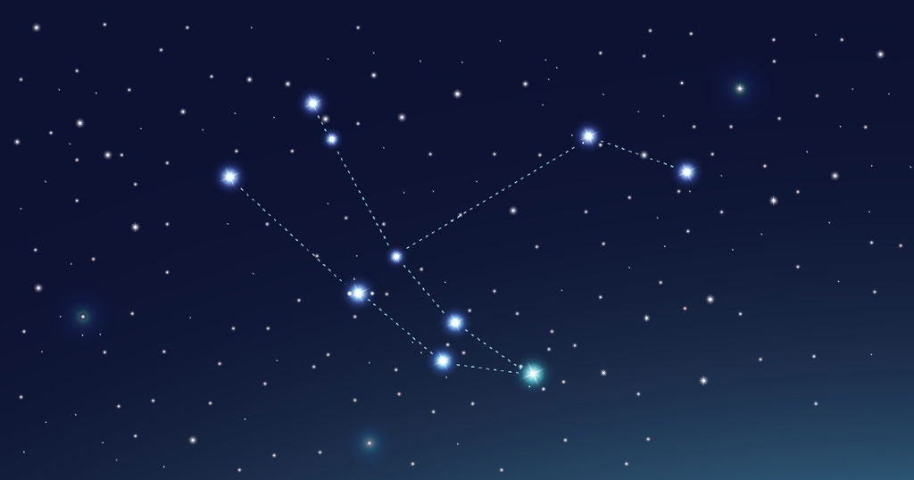 Constelação Andrômeda em fundo azul e estrelas brancas brilhantes.