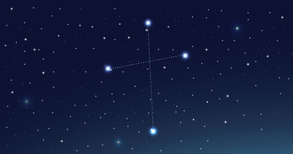 Constelação Cruzeiro do Sul em fundo azul escuro e letras brancas brilhantes.