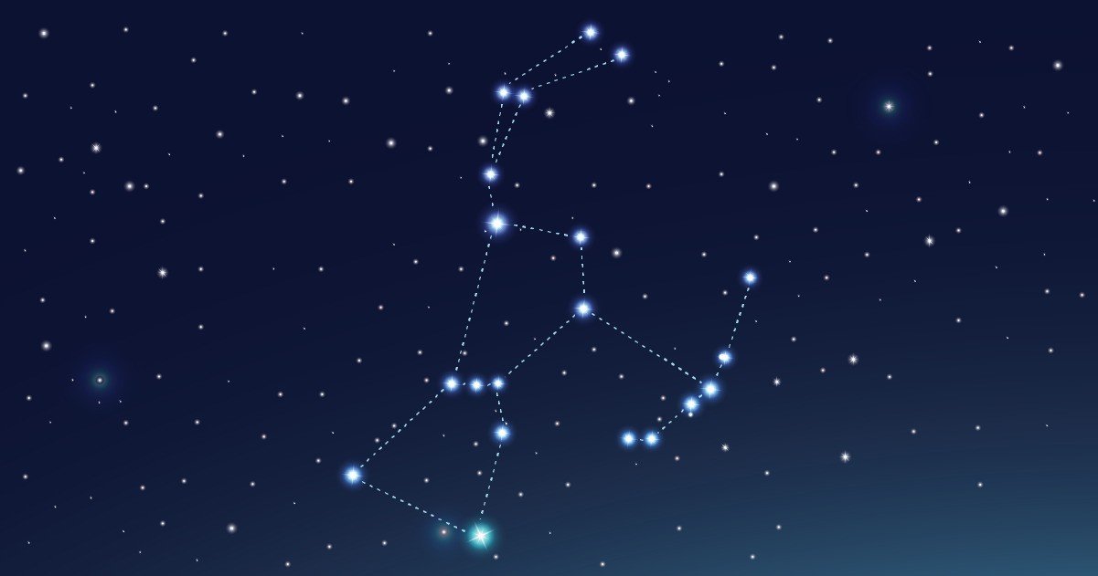 Constelação Órion em fundo azul e letras brancas brilhantes.