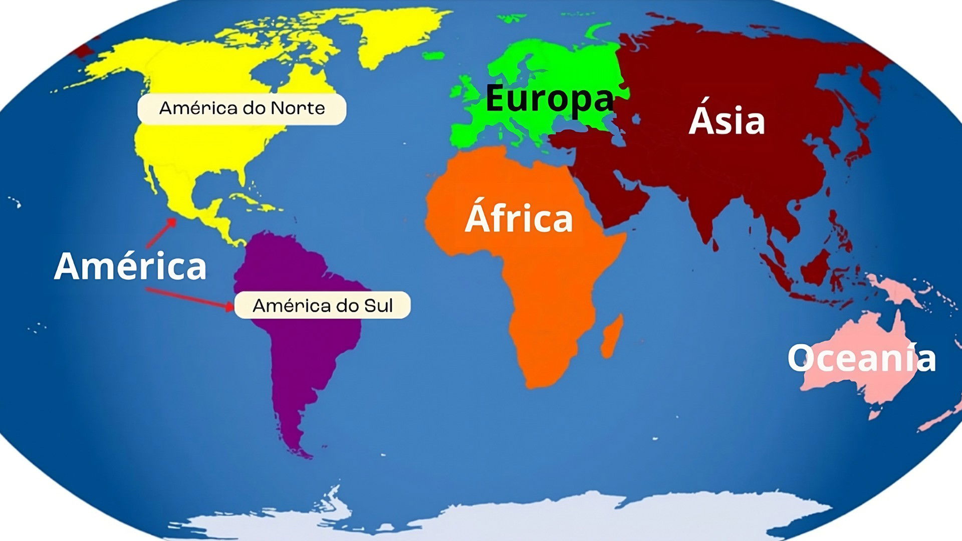 mapa com os 5 continentes, em cores diferentes.