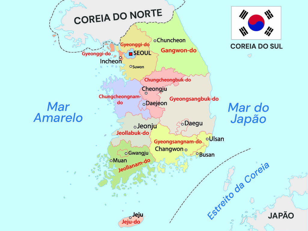 Mapa da Coreia do Sul dividido em regiões com as cidades importantes destacadas.