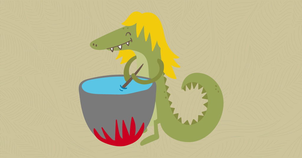 Ilustração sobre a lenda da Cuca, uma bruxa com cabeça de jacaré.