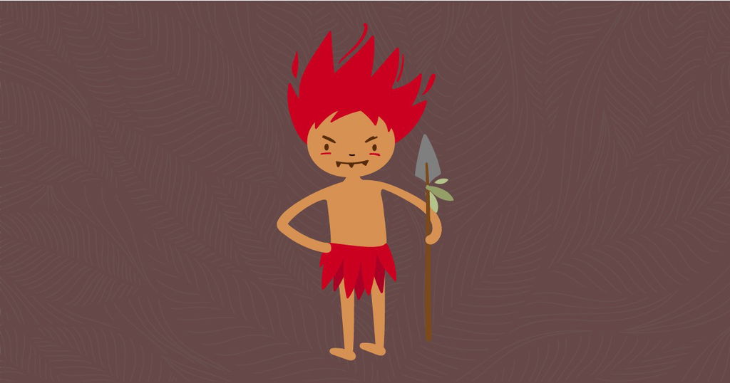 Ilustração do Curupira, menino de pele escura, que tem os pés virados para trás.