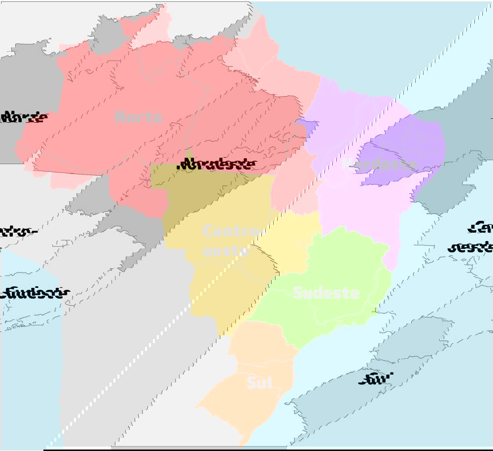 Regiões do Brasil em que o Norte está em vermelho, o Nordeste em lilás, Centro-Oeste em amarelo, Sudeste em verde e Sul, marrom.