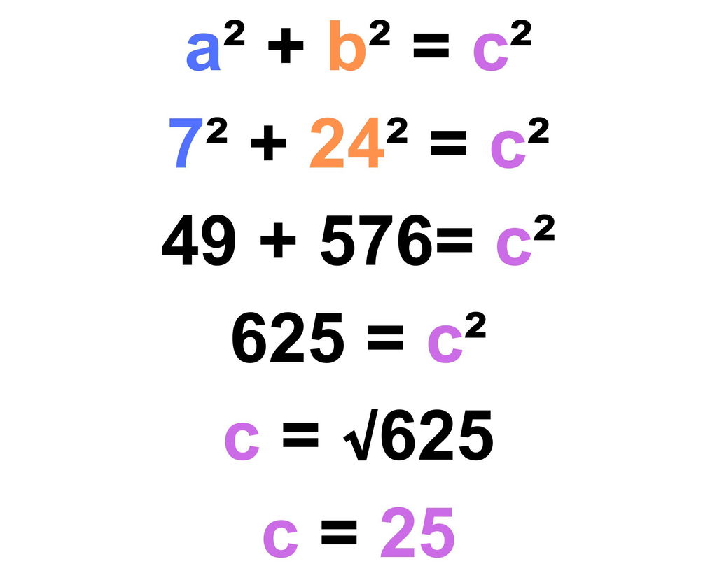Exemplo de cálculo usando o Teorema de Pitágoras, em que o resultado é 25.