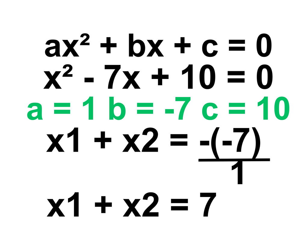 Exemplo do cálculo de soma das raízes em que x1+x2=7.