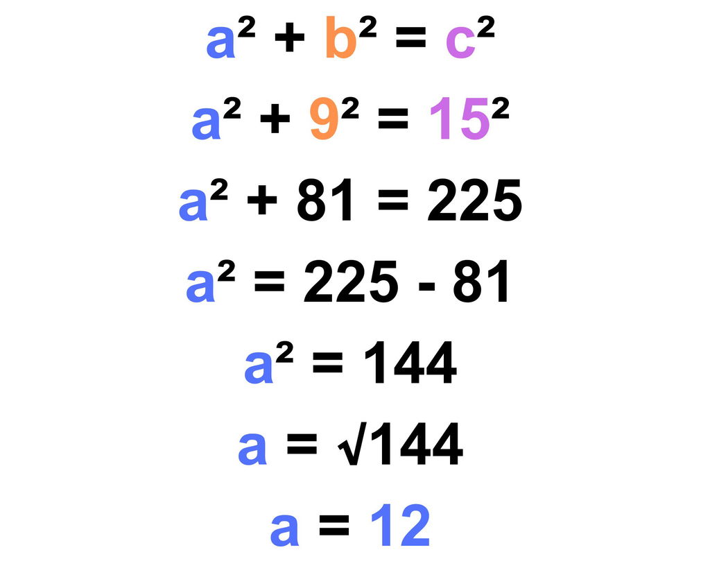 Exemplo de cálculo usando o Teorema de Pitágoras em que o resultado é 12.