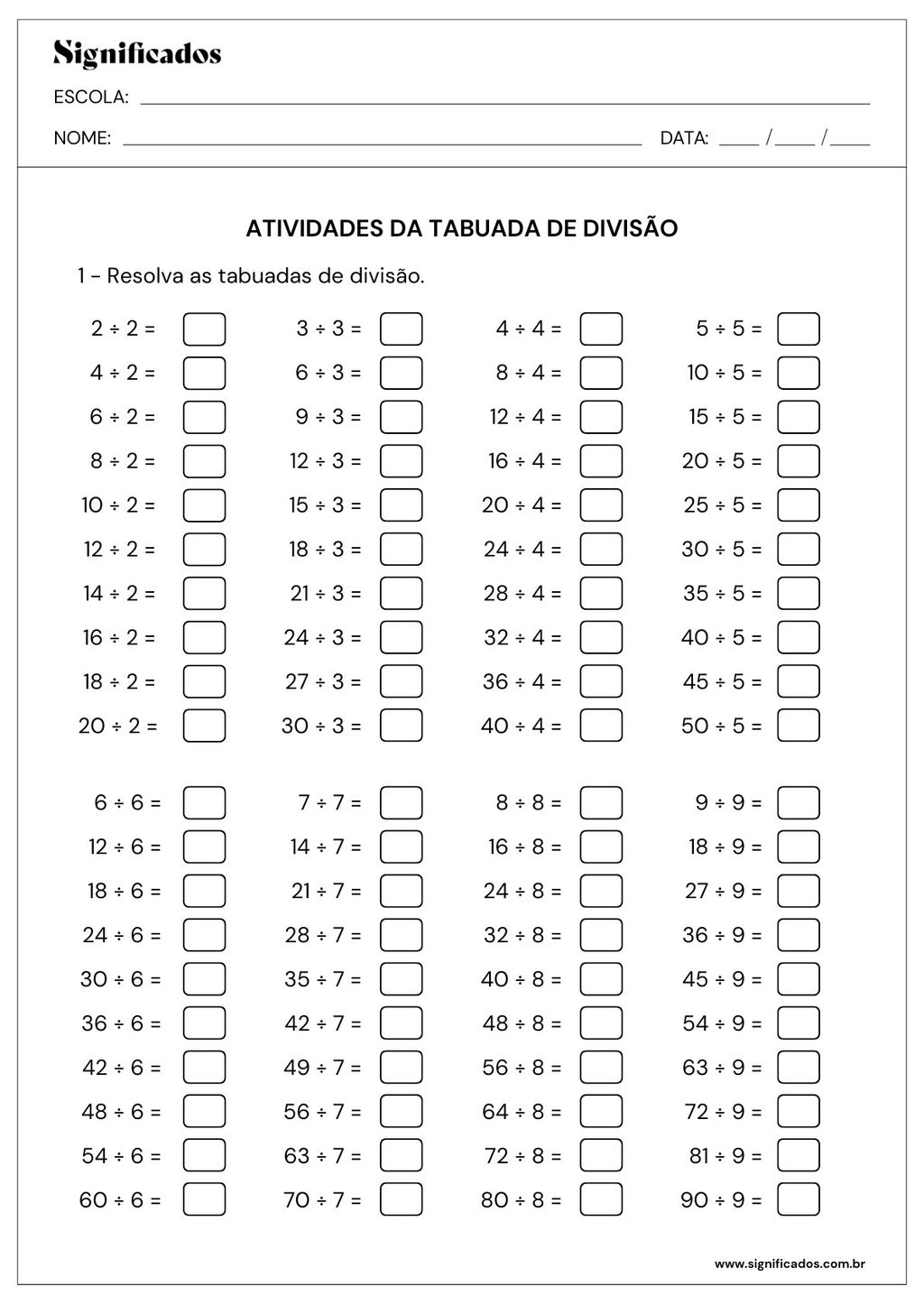 folha de atividade de divisão