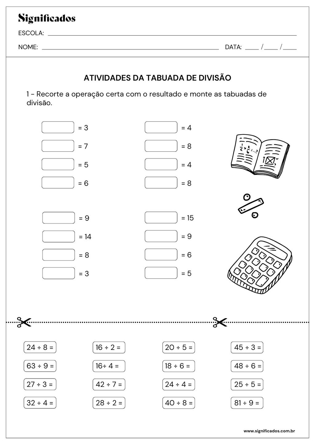 folha de atividade de divisão
