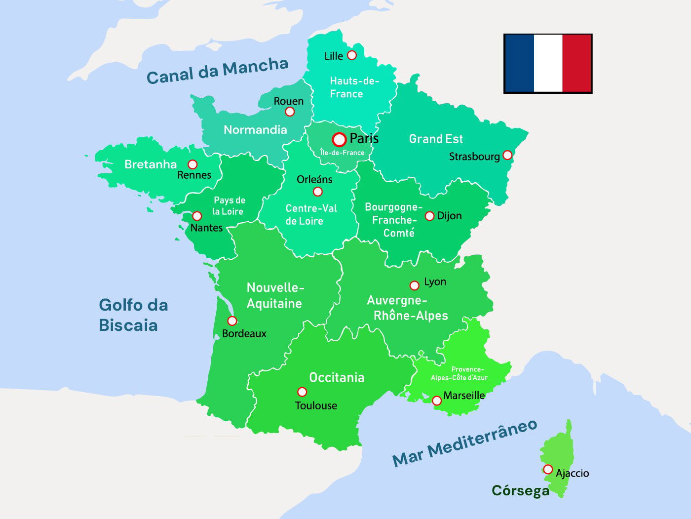 Mapa da França em verde com nome das regiões administrativas e cidades mais importantes.