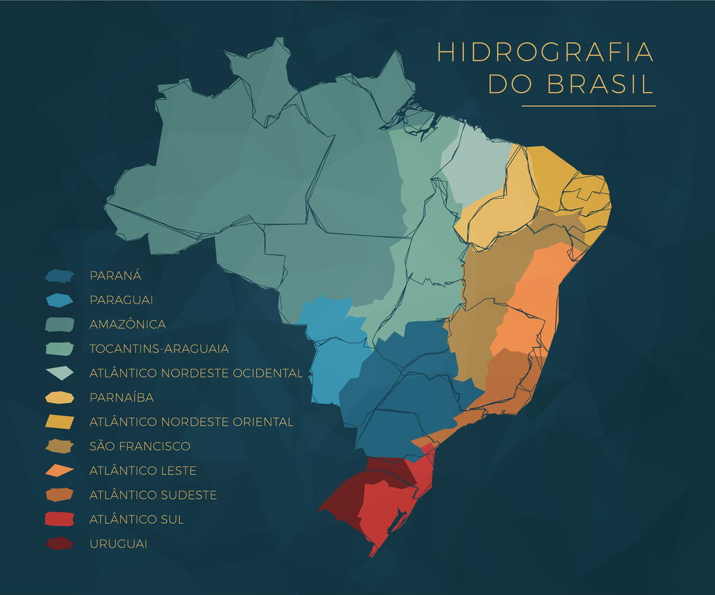 Mapa com a hidrografia do Brasil nas cores, azul, amarelo, laranja e vermelho.