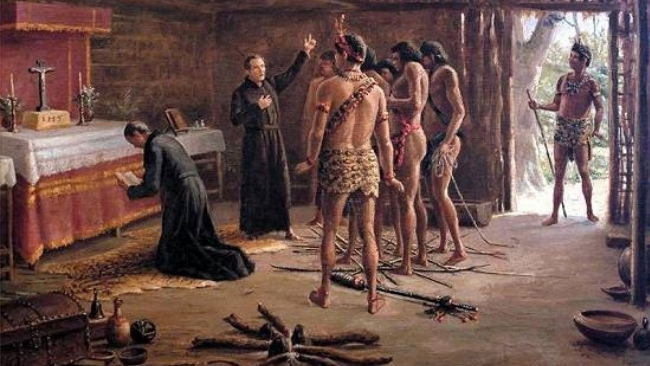 Pintura representativa da Companhia de Jesus catequizando os índios no Brasil Colonial