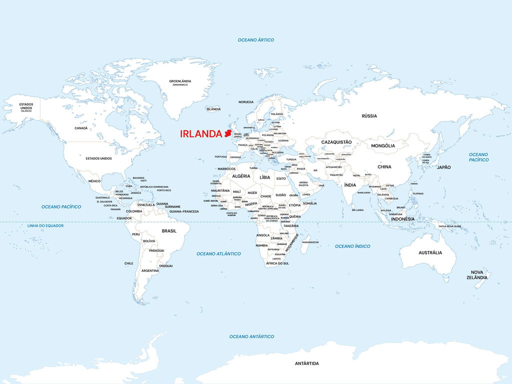 Mapa-mundi com os países em branco ou cinza e a Irlanda destacada de vermelho.