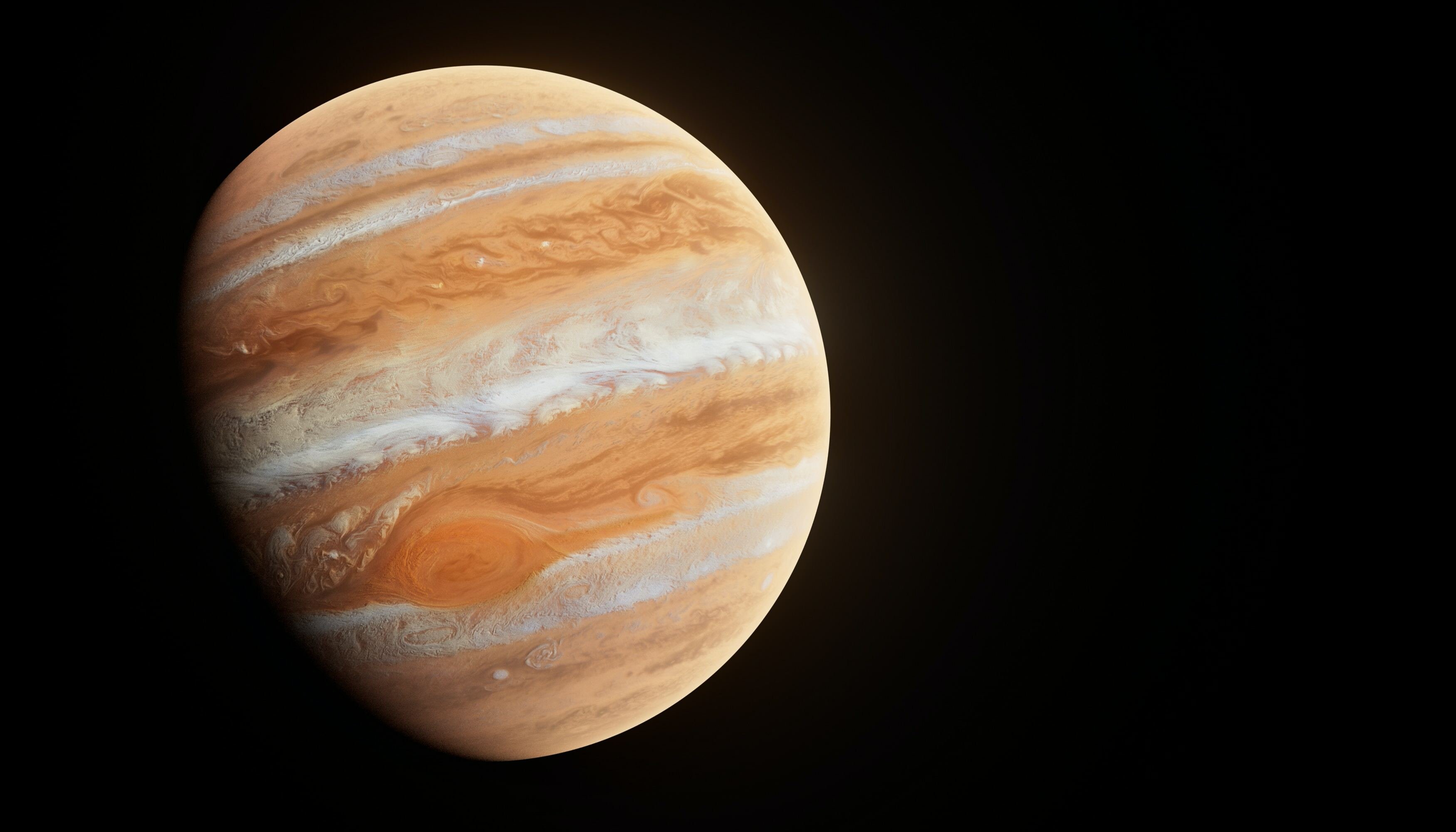 Planeta Jupiter com fundo escuro do espaço, nas cores marrom e branco.