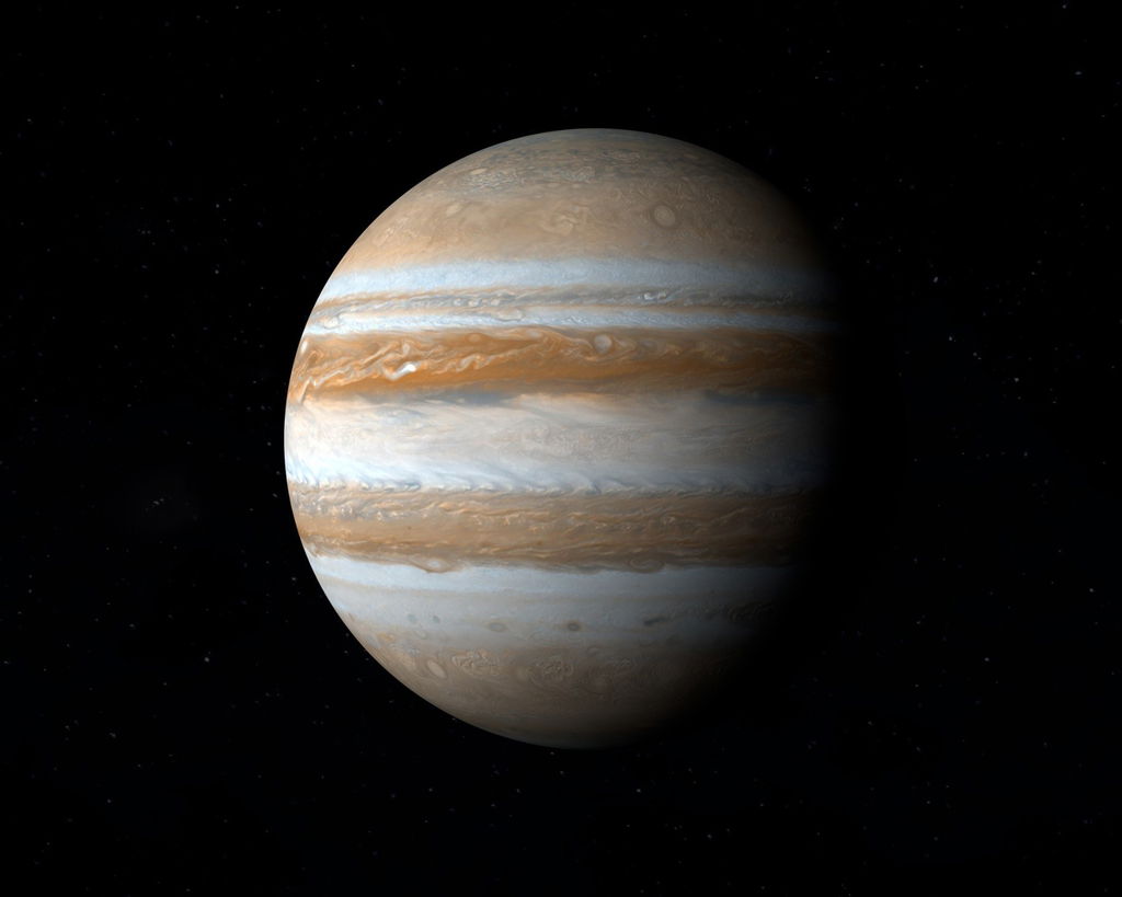 Planeta Júpiter com sua superfície branca e vermelha em fundo preto.