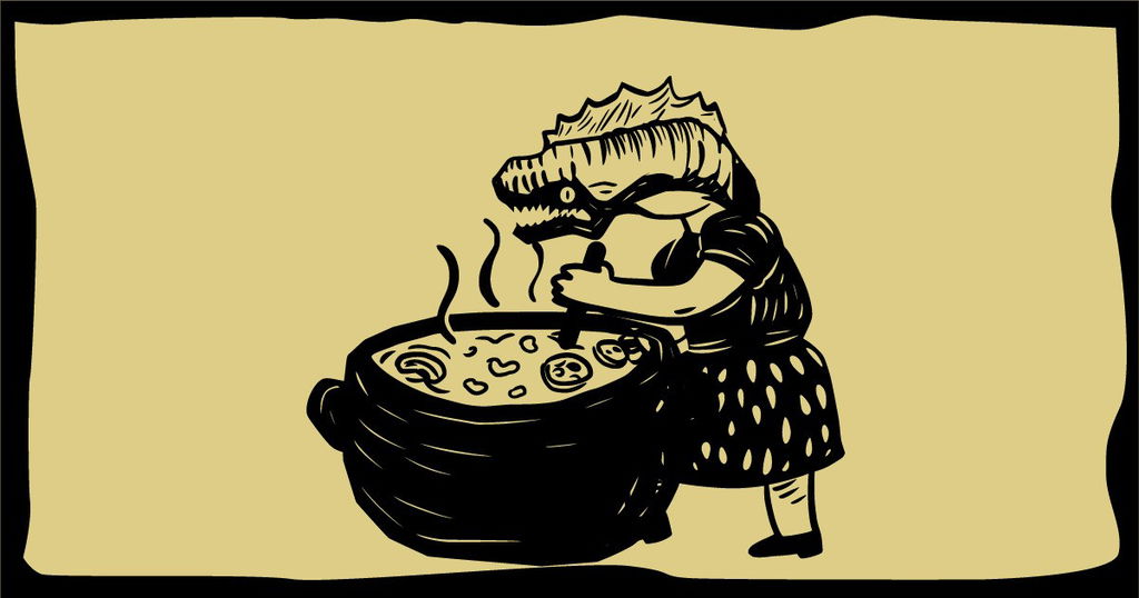 Bruxa com a cabeça de jacaré cozinha em seu caldeirão, ilustrando a lenda da Cuca.