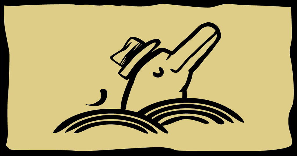 Lenda do Boto cor-de-rosa, boto com chapéu coloca a cabeça para fora da água do rio.