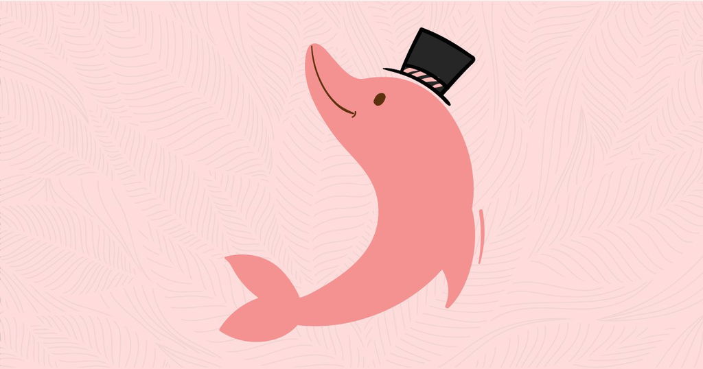 Ilustração sobre a lenda do boto cor-de-rosa, com um boto rosado usando um chapéu elegante preto.