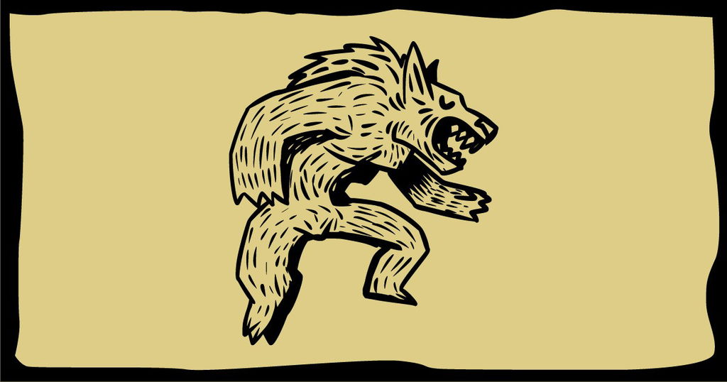 Lobo em pé sobre as duas patas traseiras em fundo bege, ilustrando a lenda do Lobisomem.
