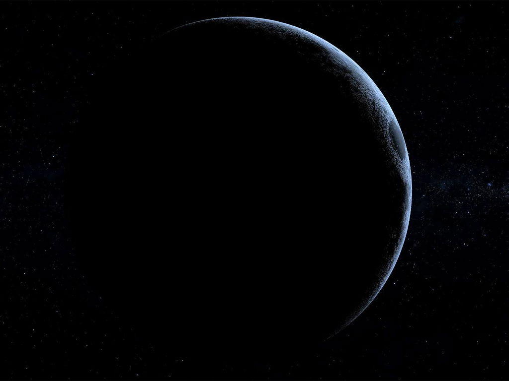 Em fundo preto, do espaço, vê-se somente a borda da lua, na fase da Lua Nova.