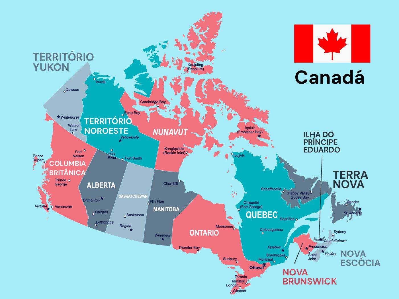 Mapa do Canadá com seus territórios e principais cidades em diferentes cores.