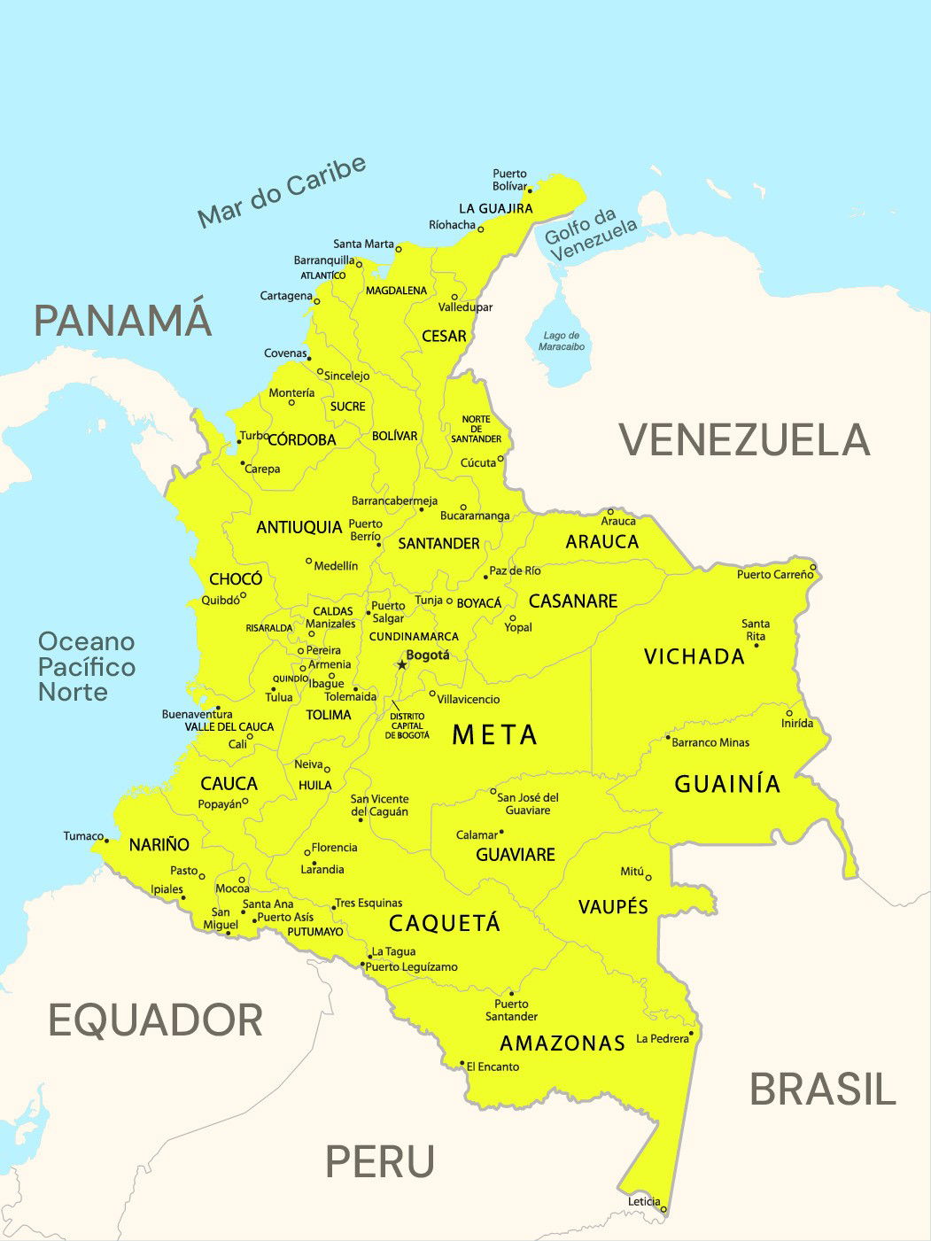 Mapa da Colombia em verde com as principais cidades nomeadas.